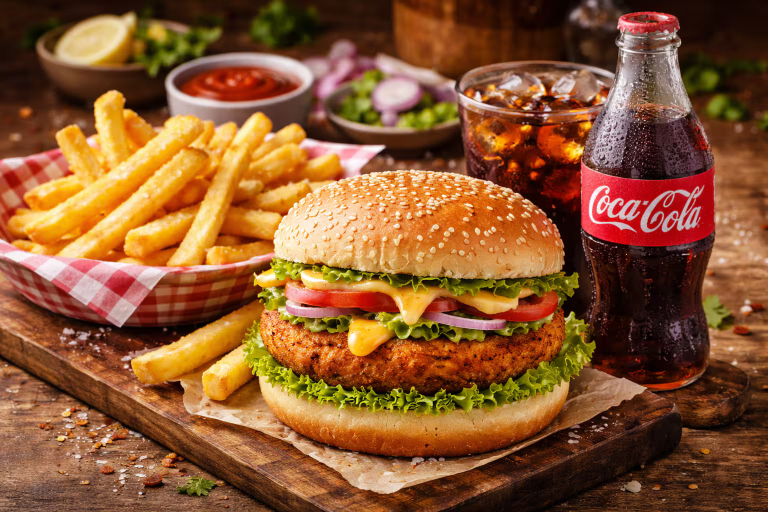 Veg Burger With Fries And Coke
